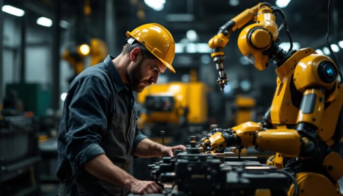 A photograph of a skilled manual machinist operating a traditional lathe alongside an industrial robot