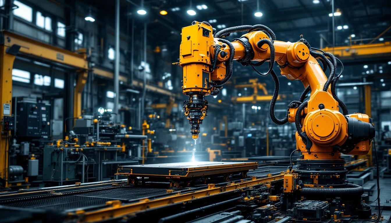 A photograph of a large industrial robotic arm in action within a manufacturing environment