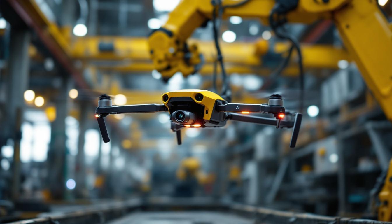 A photograph of a drone equipped with industrial robotic arms in action