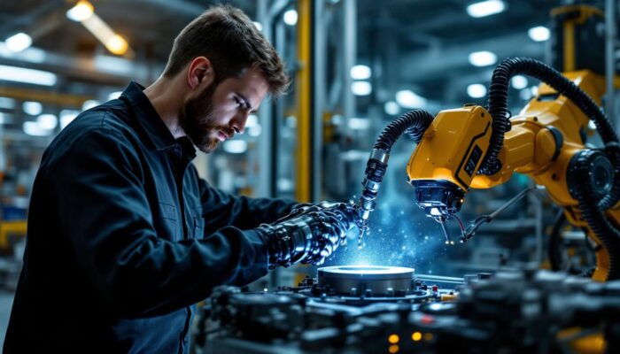 A photograph of a skilled technician operating an industrial robotic arm during a dot inspection process