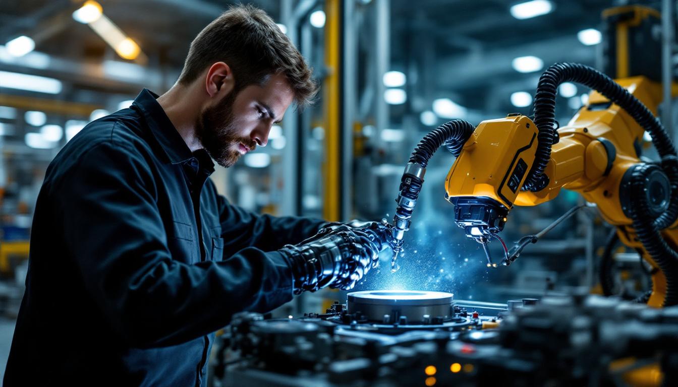 A photograph of a skilled technician operating an industrial robotic arm during a dot inspection process