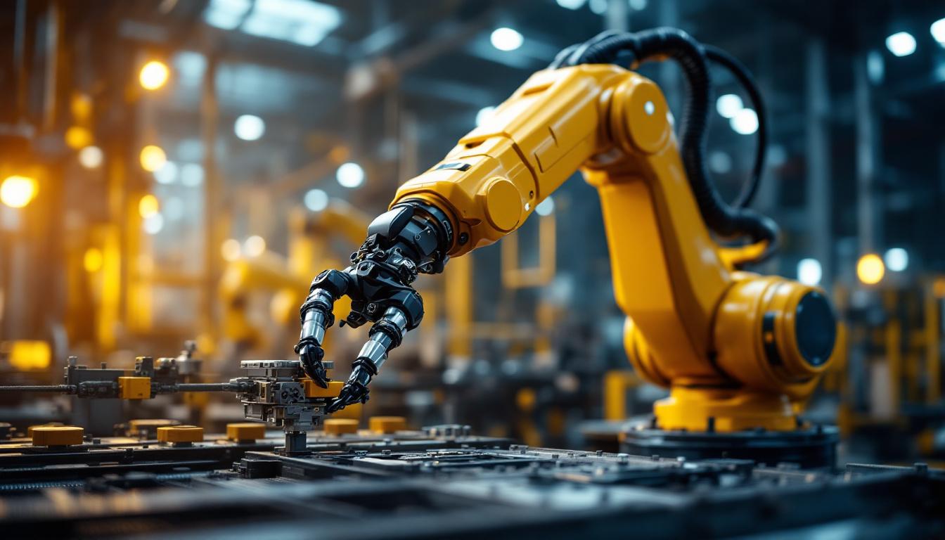 A photograph of a dynamic industrial setting featuring a robotic arm in action