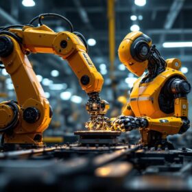 A photograph of a b.e. atlas company industrial robot in action within a modern manufacturing environment