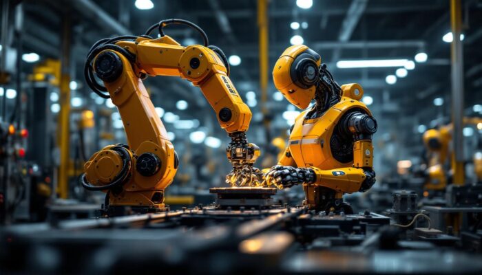 A photograph of a b.e. atlas company industrial robot in action within a modern manufacturing environment