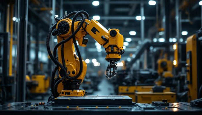 A photograph of a sleek industrial robotic arm in action