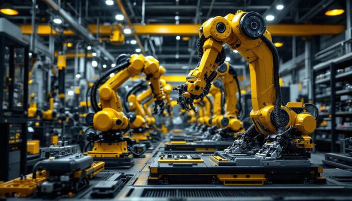 A photograph of a modern industrial workshop showcasing advanced robotic machinery in action