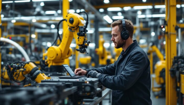 A photograph of a dynamic industrial setting showcasing a product manager interacting with advanced robotic machinery
