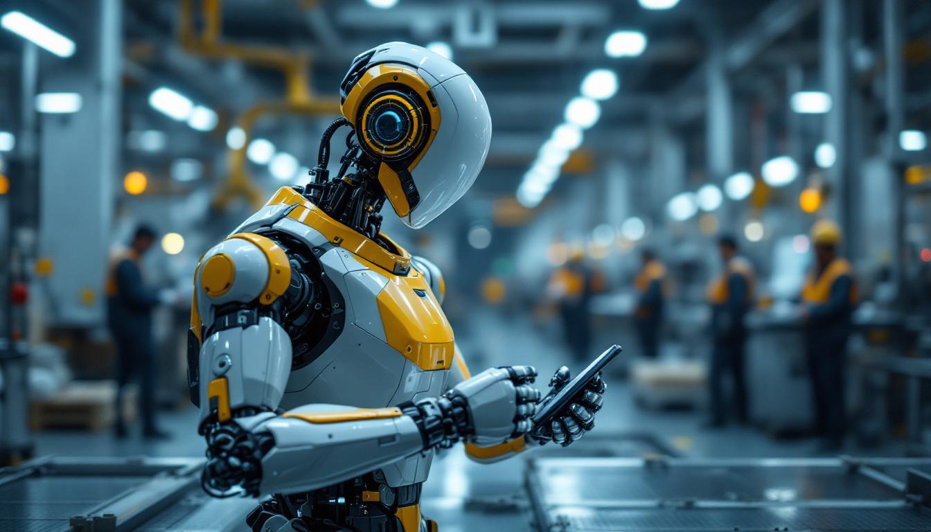 A photograph of a sleek industrial robot in action within a modern manufacturing environment