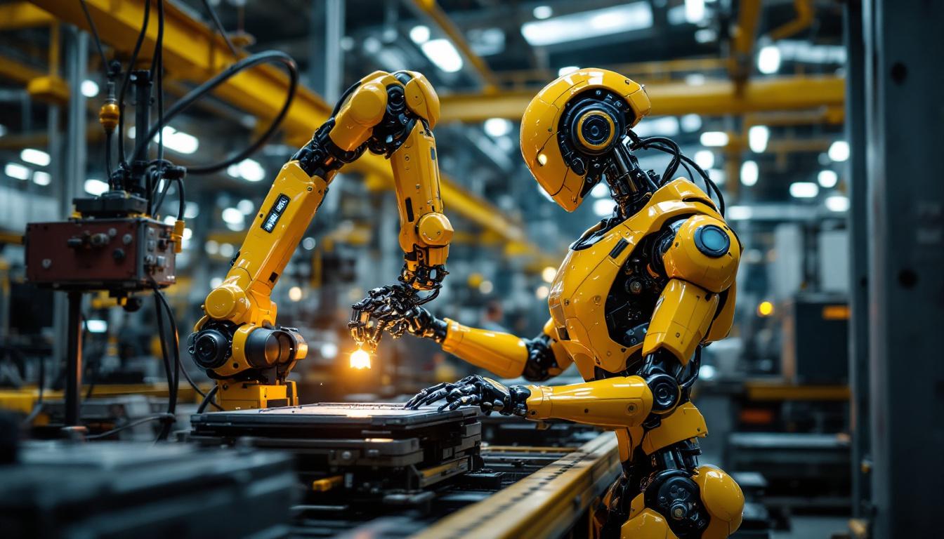 A photograph of a sleek industrial robot in action on a factory floor