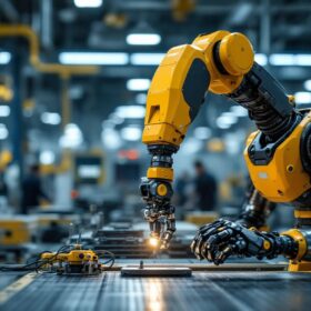A photograph of a modern industrial robot in action