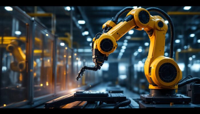 A photograph of a high-tech industrial robotic arm equipped with a lidar sensor in action