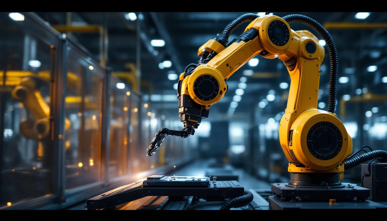 A photograph of a high-tech industrial robotic arm equipped with a lidar sensor in action