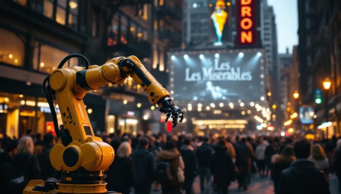 A photograph of a bustling boston theater scene with an industrial robotic arm in the foreground