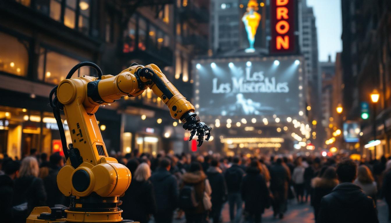 A photograph of a bustling boston theater scene with an industrial robotic arm in the foreground