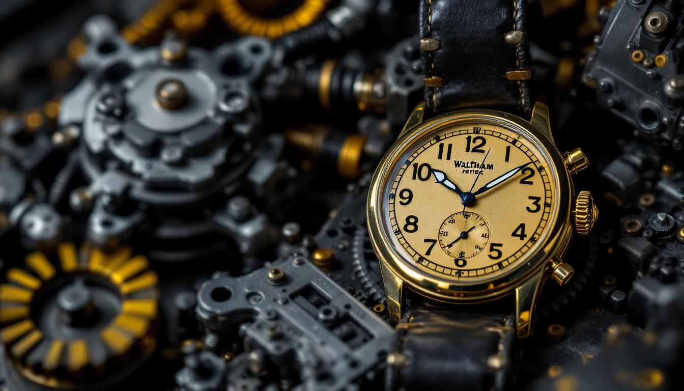 A photograph of a vintage waltham watch prominently displayed alongside industrial robotic components