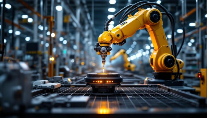 A photograph of a state-of-the-art industrial robotic arm in action at hyundai's headquarters