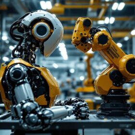 A photograph of a sleek industrial robot in action within a modern manufacturing facility
