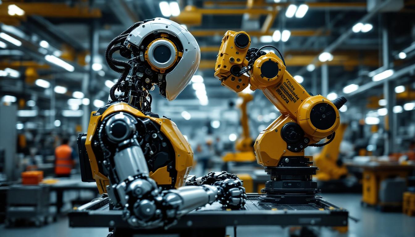 A photograph of a sleek industrial robot in action within a modern manufacturing facility