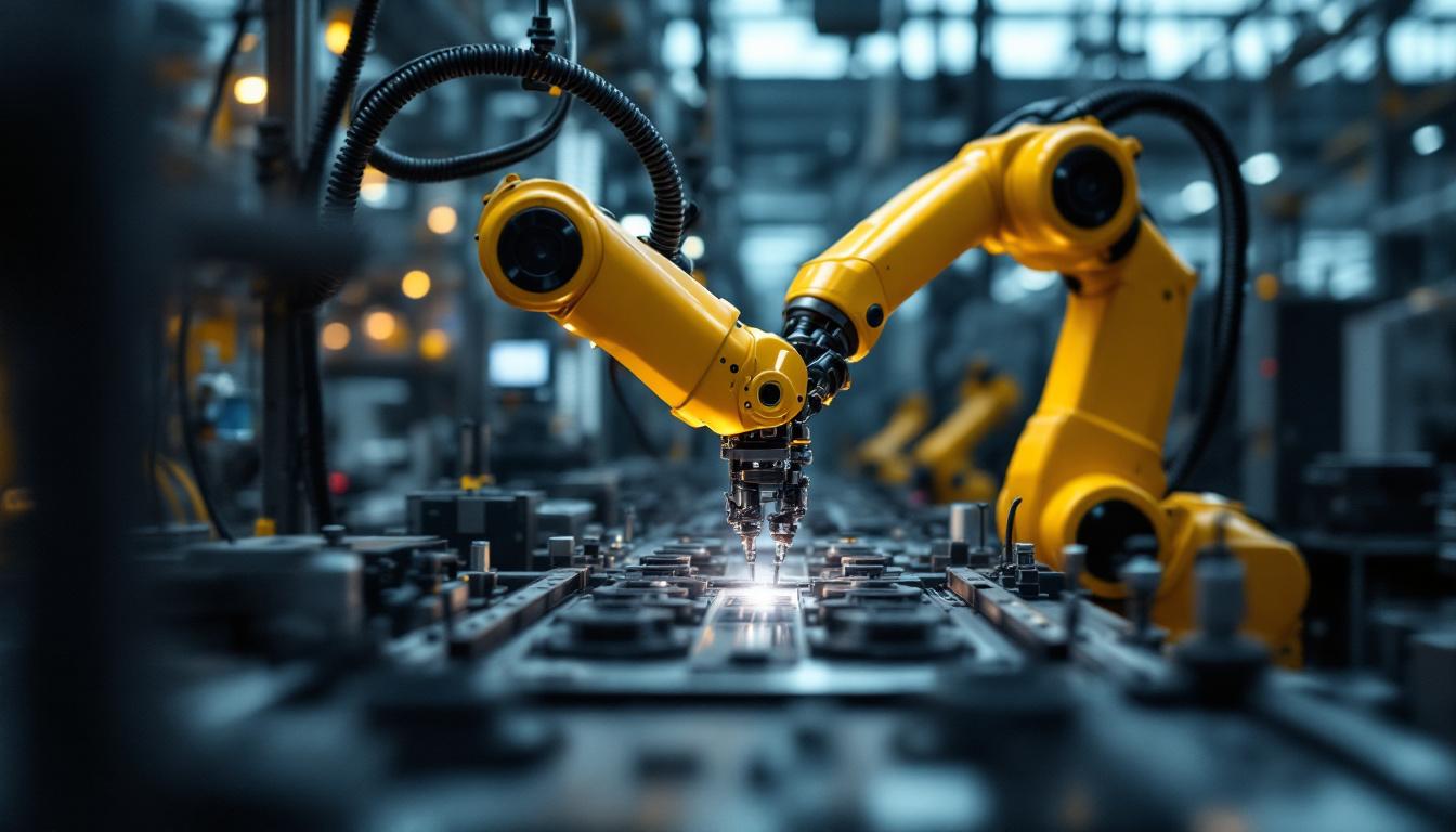 A photograph of a sleek industrial robotic arm in action within a manufacturing environment