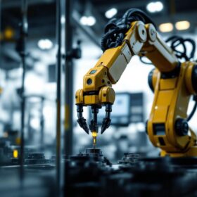 A photograph of a sleek industrial robotic arm in action within a modern workplace