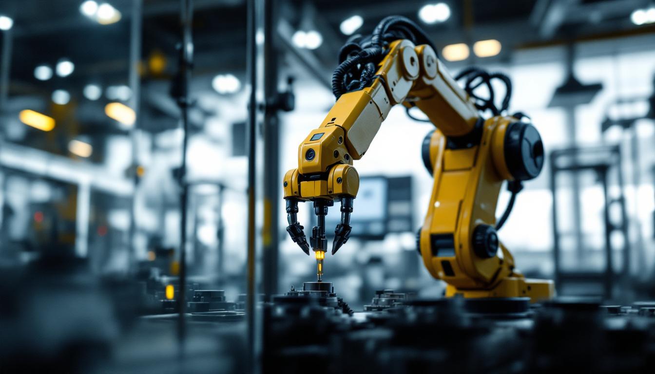 A photograph of a sleek industrial robotic arm in action within a modern workplace