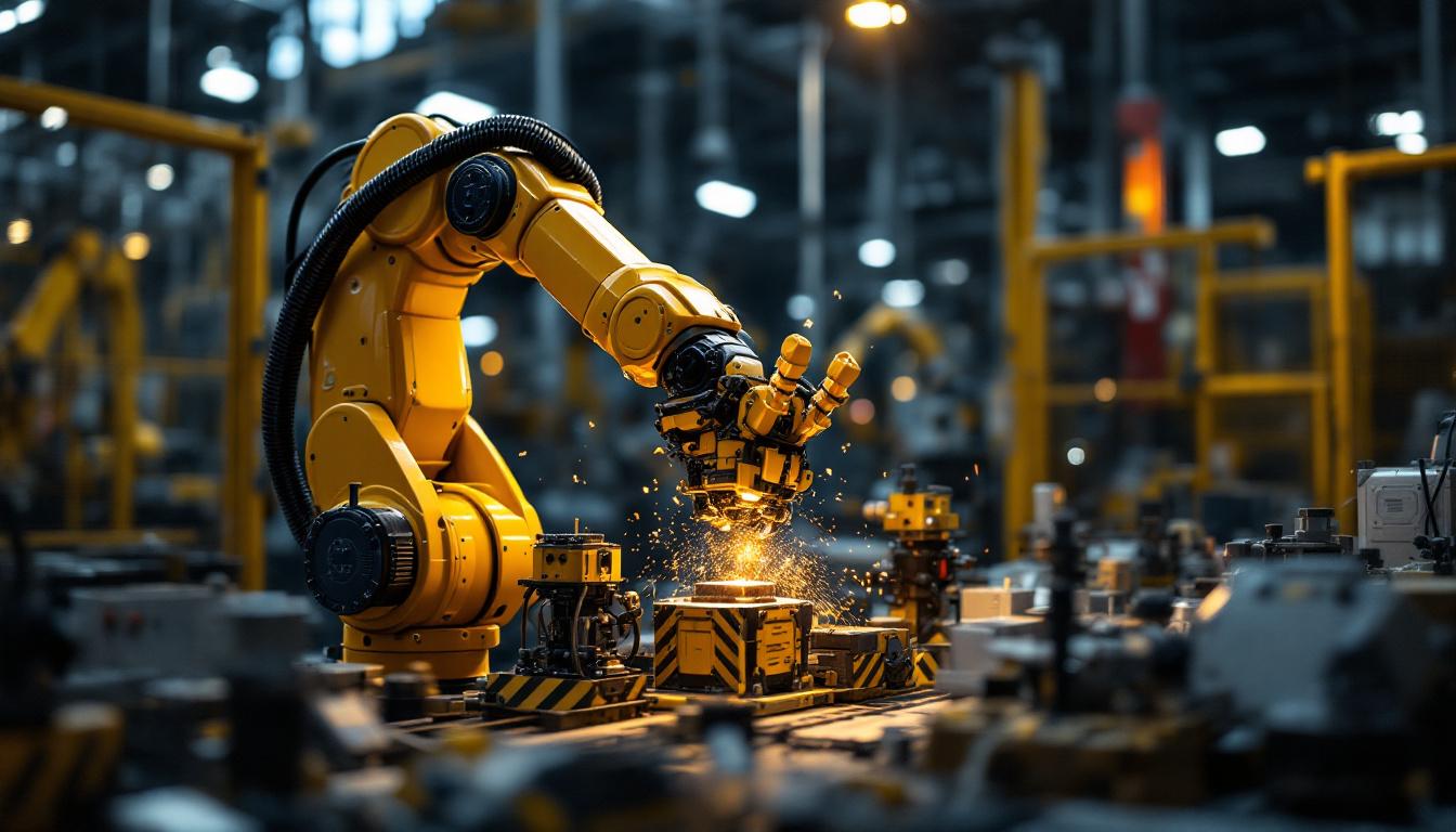 A photograph of a dynamic industrial setting featuring a robotic arm in action