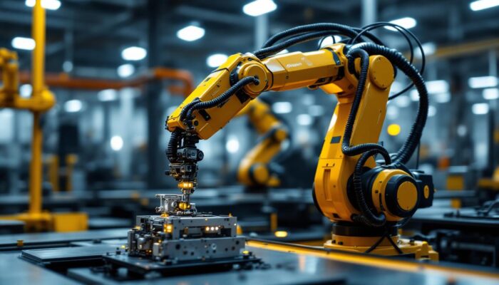 A photograph of a sleek industrial robotic arm in action