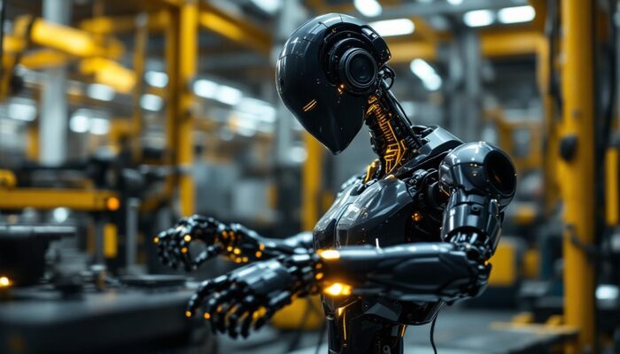 A photograph of a sleek industrial robot in action