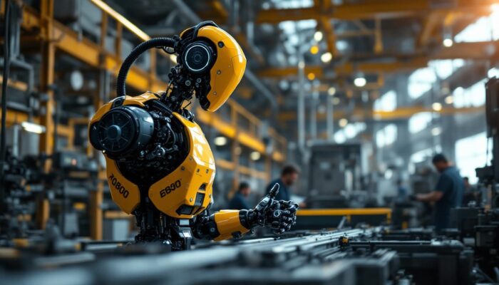 A photograph of a dynamic industrial robot in action within a manufacturing environment