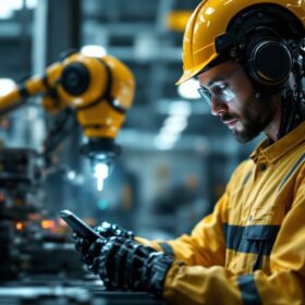 A photograph of a mechanical engineer working alongside an industrial robot in a modern manufacturing environment