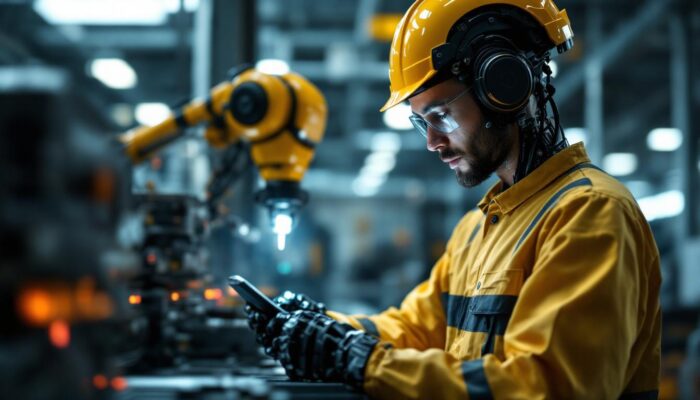 A photograph of a mechanical engineer working alongside an industrial robot in a modern manufacturing environment
