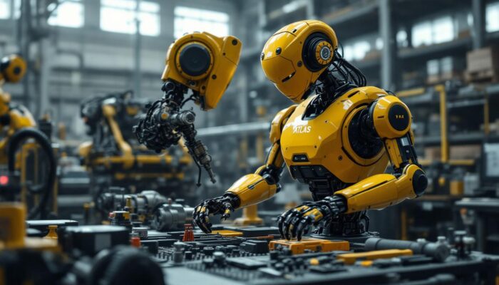 A photograph of a dynamic scene featuring the atlas robot in action