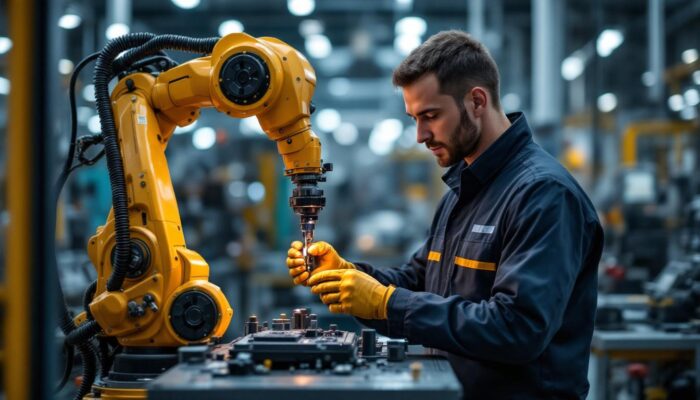 A photograph of a skilled technician operating an industrial robotic arm in a high-tech manufacturing environment