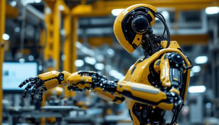 A photograph of a sleek industrial robot in action within a modern manufacturing environment