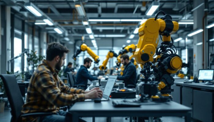 A photograph of a modern office environment where employees are interacting with industrial robots