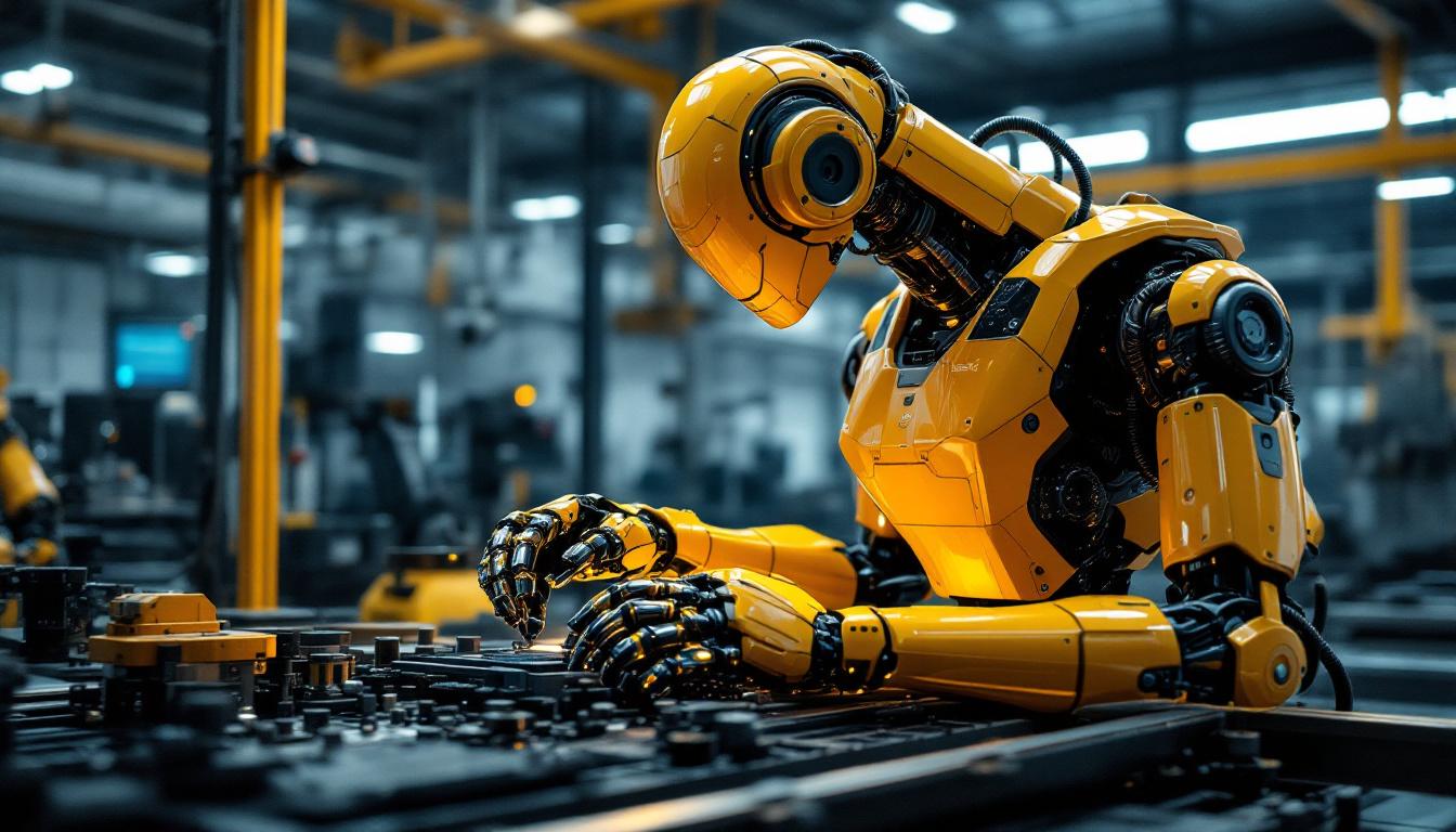 A photograph of a sleek industrial robot in action within a modern manufacturing environment