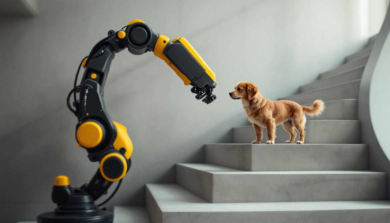 A photograph of a sleek industrial robotic arm assisting a dog in navigating a set of stylish