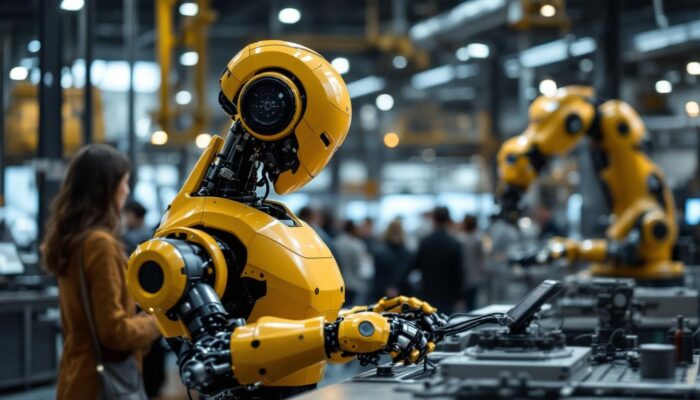 A photograph of an industrial robot in action within a museum setting