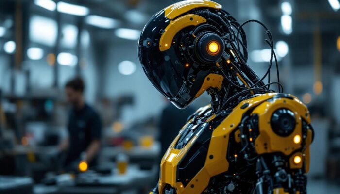 A photograph of a sleek industrial robot in action within a well-lit rental space