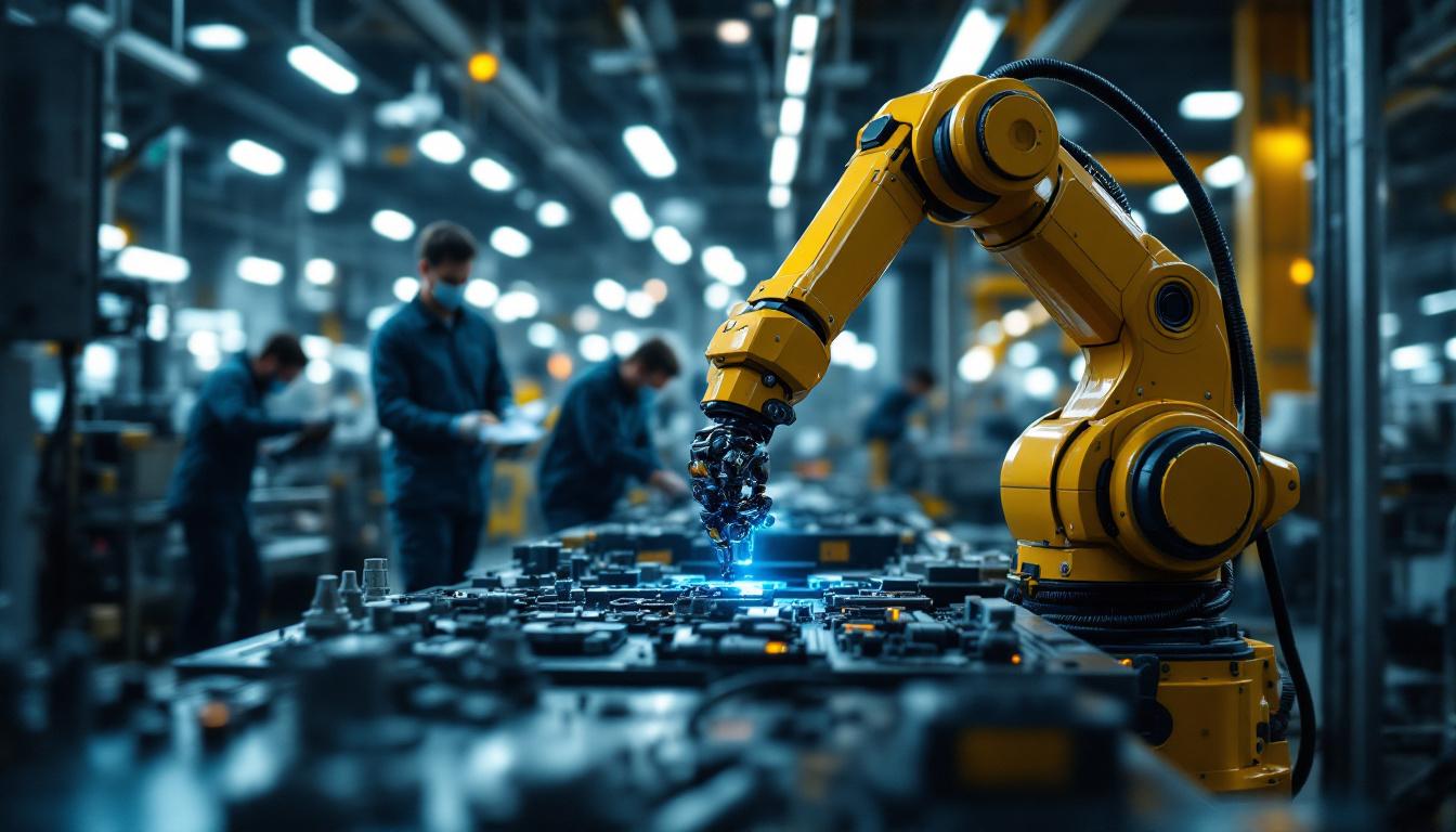 A photograph of a dynamic industrial setting showcasing a robotic arm in action