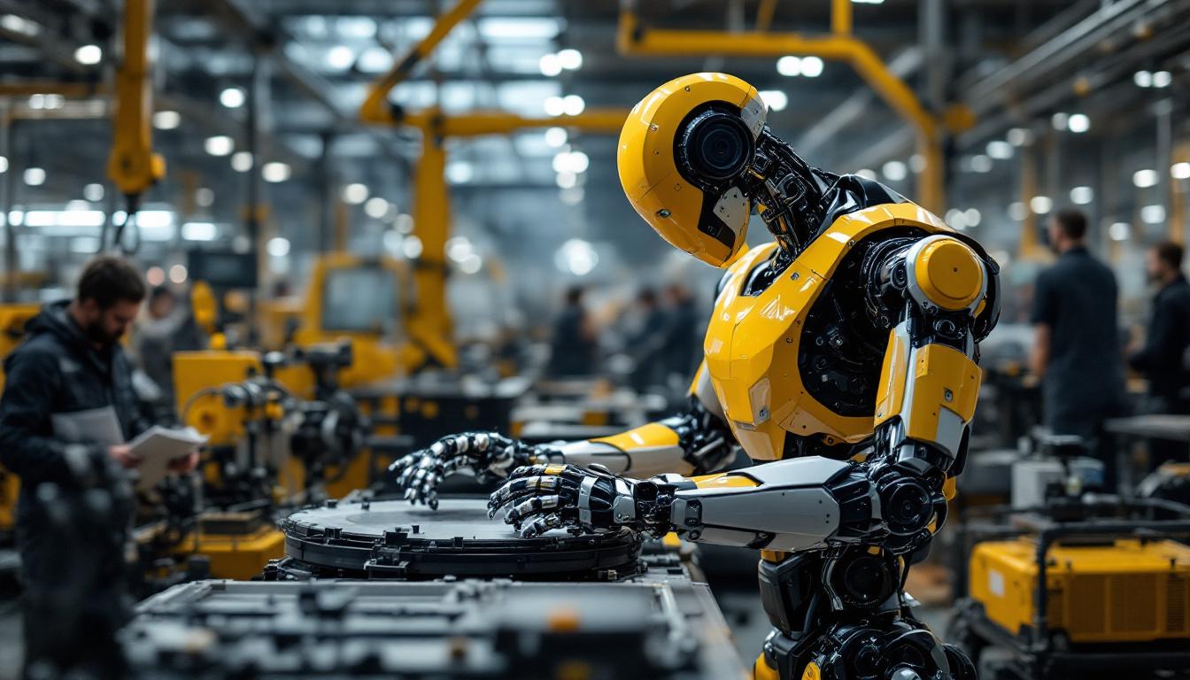 A photograph of a sleek industrial robot in action on a factory floor