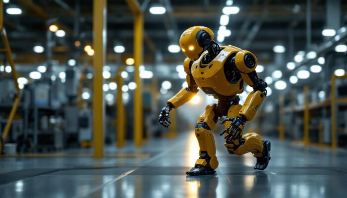 A photograph of a dynamic industrial robot in action