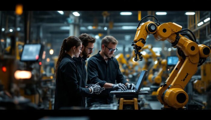 A photograph of a dynamic industrial robotics environment