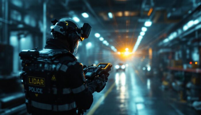 A photograph of a police officer using a lidar device in an industrial setting