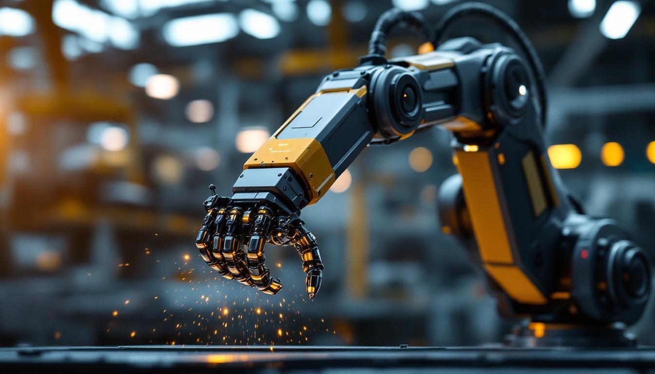 A photograph of a sleek industrial robotic arm in action