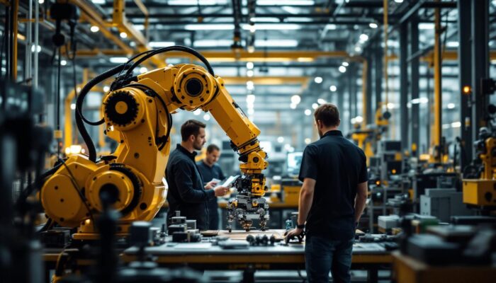 A photograph of a dynamic industrial robotics workspace