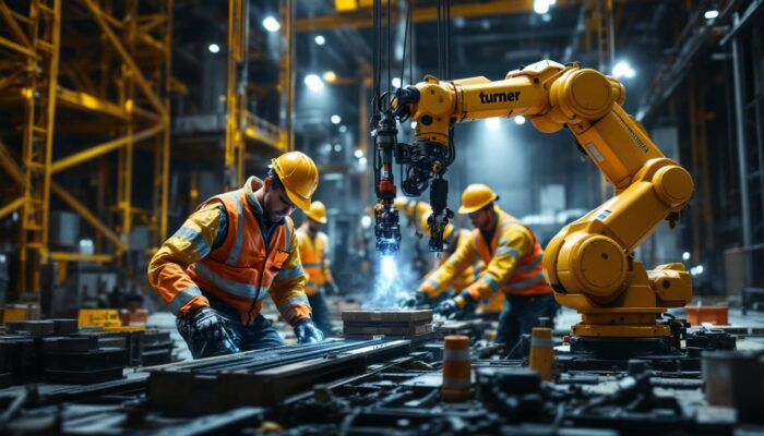 A photograph of a turner construction project site featuring industrial robots in action