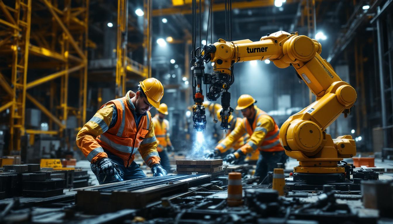 A photograph of a turner construction project site featuring industrial robots in action