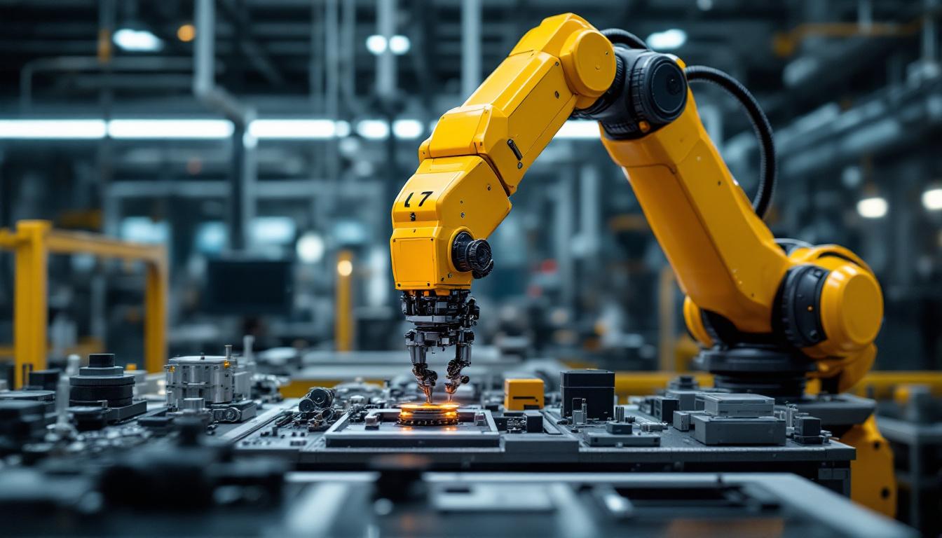 A photograph of a sleek industrial robotic arm in action within a modern manufacturing environment