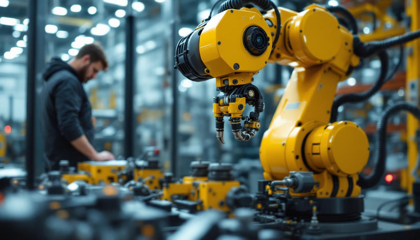 A photograph of a skilled engineer programming or operating an industrial robot in a modern manufacturing facility